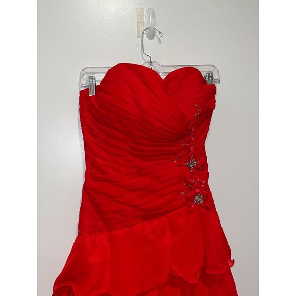 JJ'S House Red Strapless Ruffled Floral Rhinestone Accents Women's Mini Dress Si - Picture 3 of 9